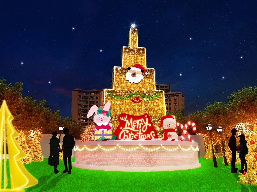 「魔幻蛋糕城」為大型耶誕樹裝置藝術作品,結合了音樂、轉動機械燈光秀和雪花紛飛的效果。(圖/新北市政府