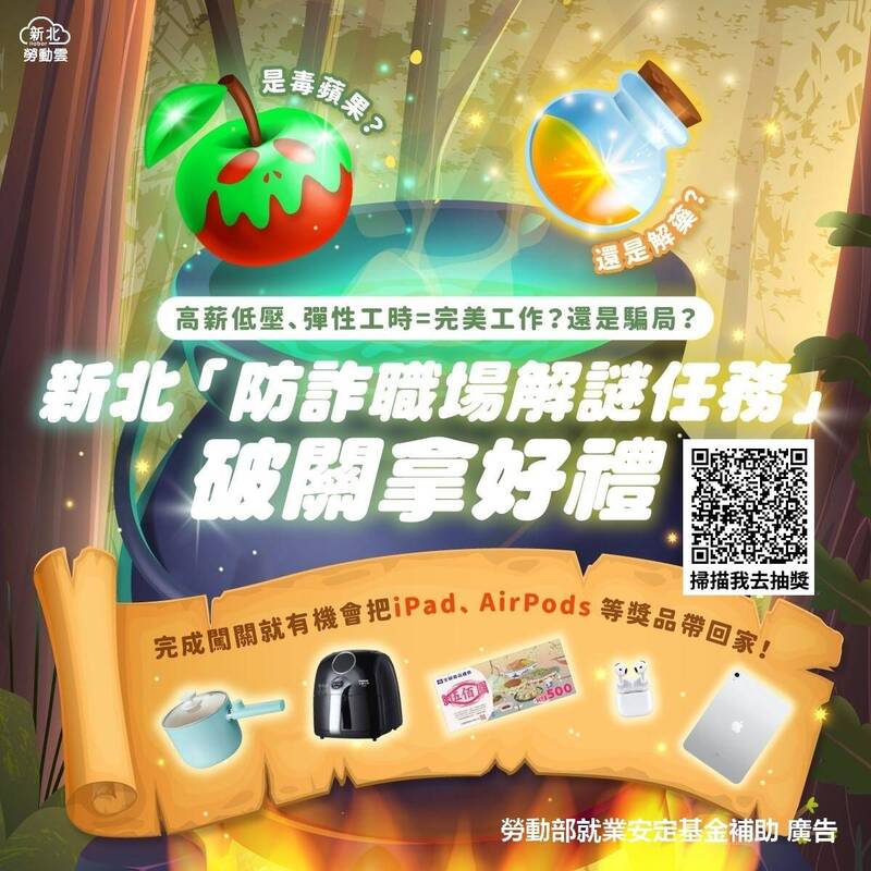 勞工局設計「防詐職場解謎任務」線上互動遊戲,民眾在10月15日前闖關完成並填寫問卷,可抽iPad、A