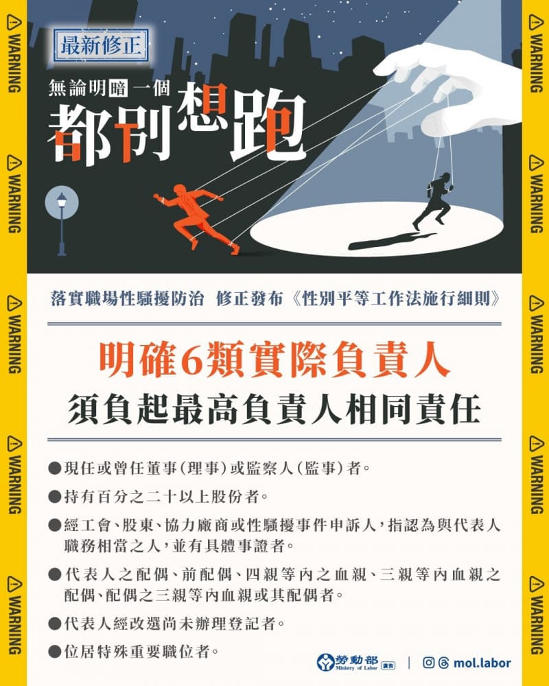勞動部明訂最高負責人範圍,強化職場性騷申訴保障。(勞動部提供)