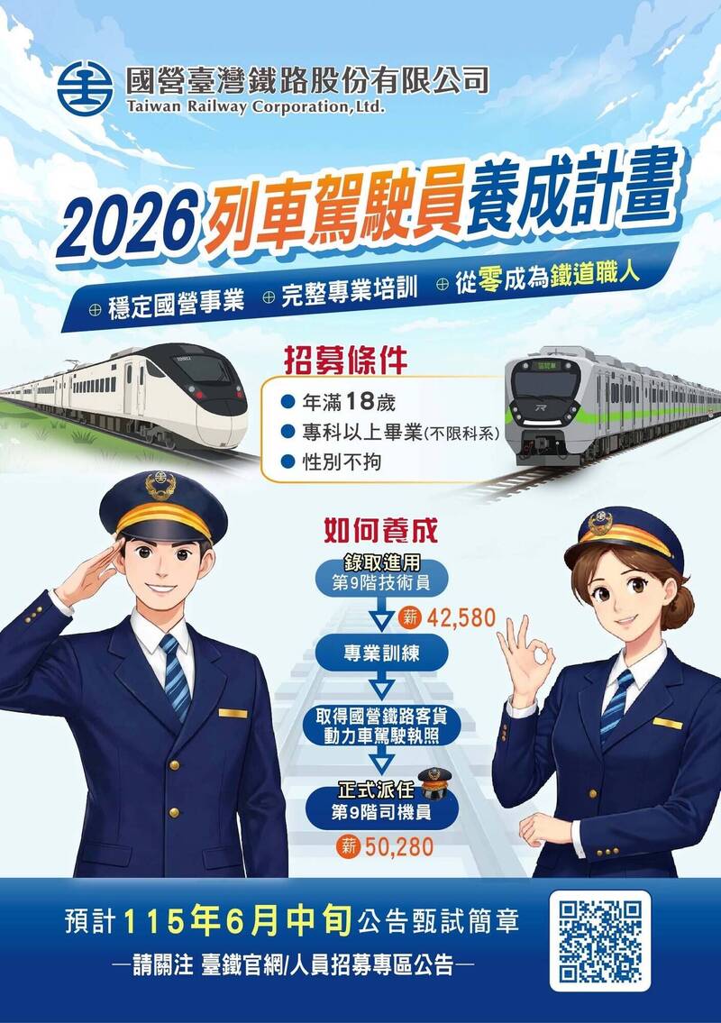 台鐵公司今天宣布為充實第一線駕駛人力,預計於今年下半年辦理司機員招募,計畫招募45個名額。(圖由台鐵