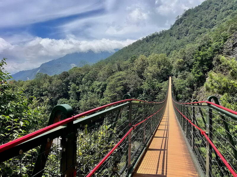 漫步在奧萬大國家森林遊樂區吊橋,可欣賞優美壯觀的山景。(林保署南投分署提供)