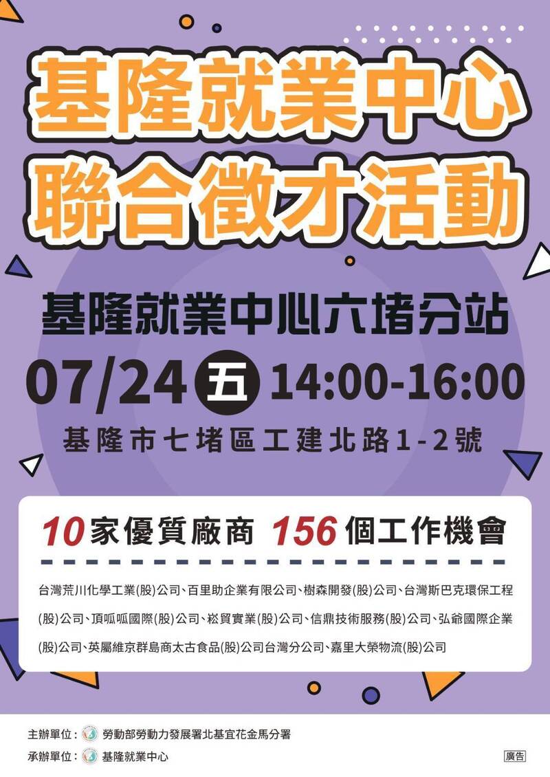 基隆就業中心將於7月24日(週五)14時至16時,在基隆就業中心六堵分站(工建北路1-2號)舉辦聯合