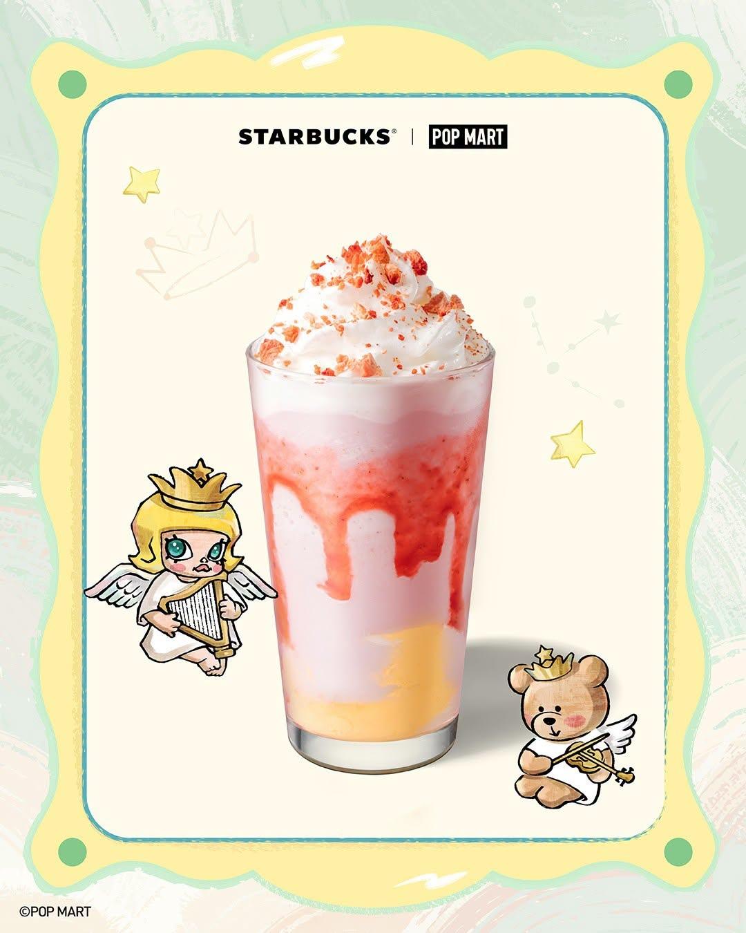 星巴克同步推出限定飲品「草莓布蕾星冰樂」。以 MOLLY 的夢幻童趣世界為靈感,粉嫩草莓奶霜與滑順布