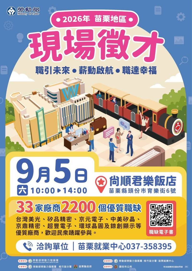 苗栗就業中心將於5日(週六)上午10點至下午2點,於頭份市尚順君樂飯店舉辦「苗栗地區現場徵才活動」。